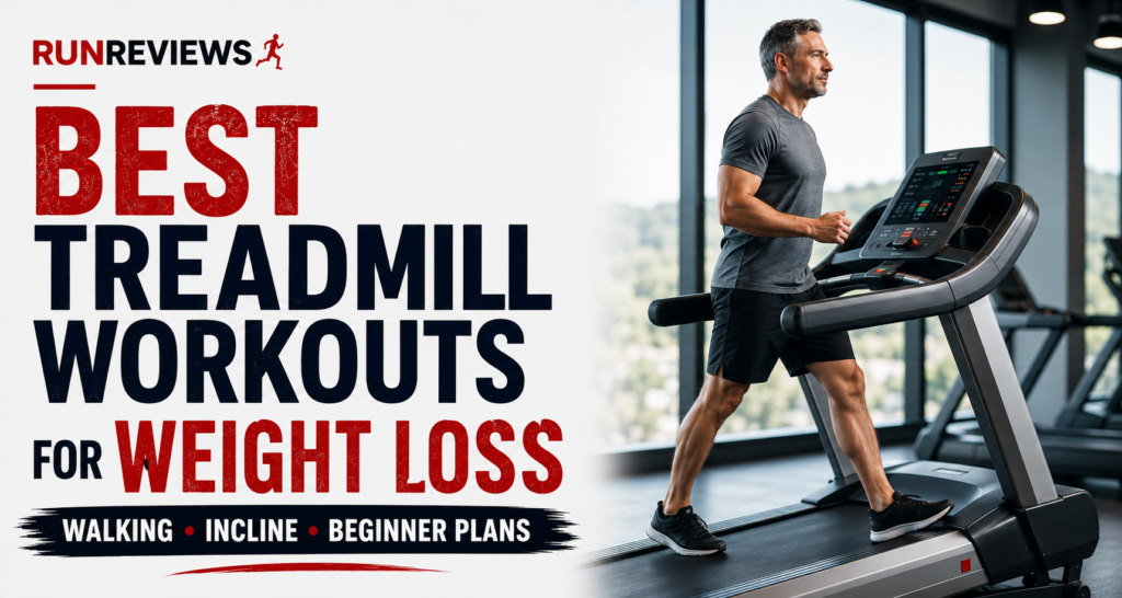 Man walking on a treadmill in a gym beside a graphic promoting the best treadmill workouts for weight loss, including walking, incline and beginner exercise plans.