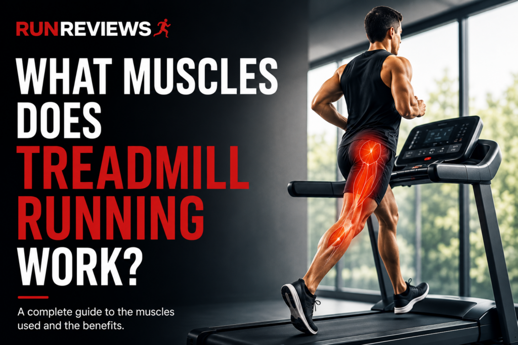Runner on a treadmill with highlighted leg muscles illustrating the muscles worked during treadmill running.