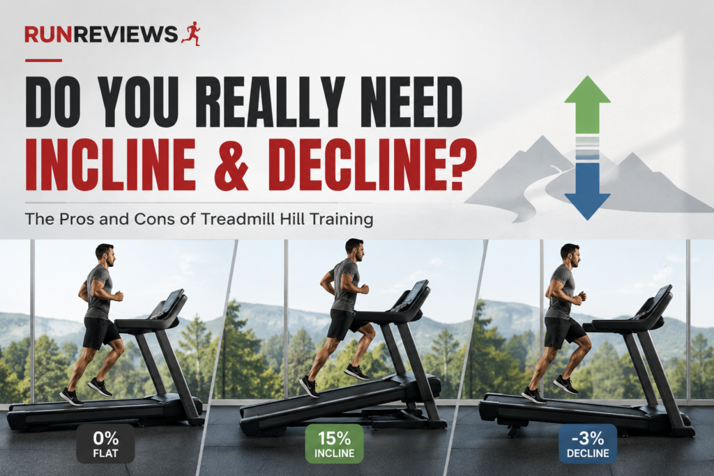 Illustration comparing flat, incline and decline treadmill training and the benefits of treadmill hill workouts.