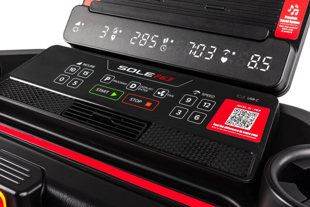 Sole F63 Console with 4 separate readouts and quick speed/incline buttons