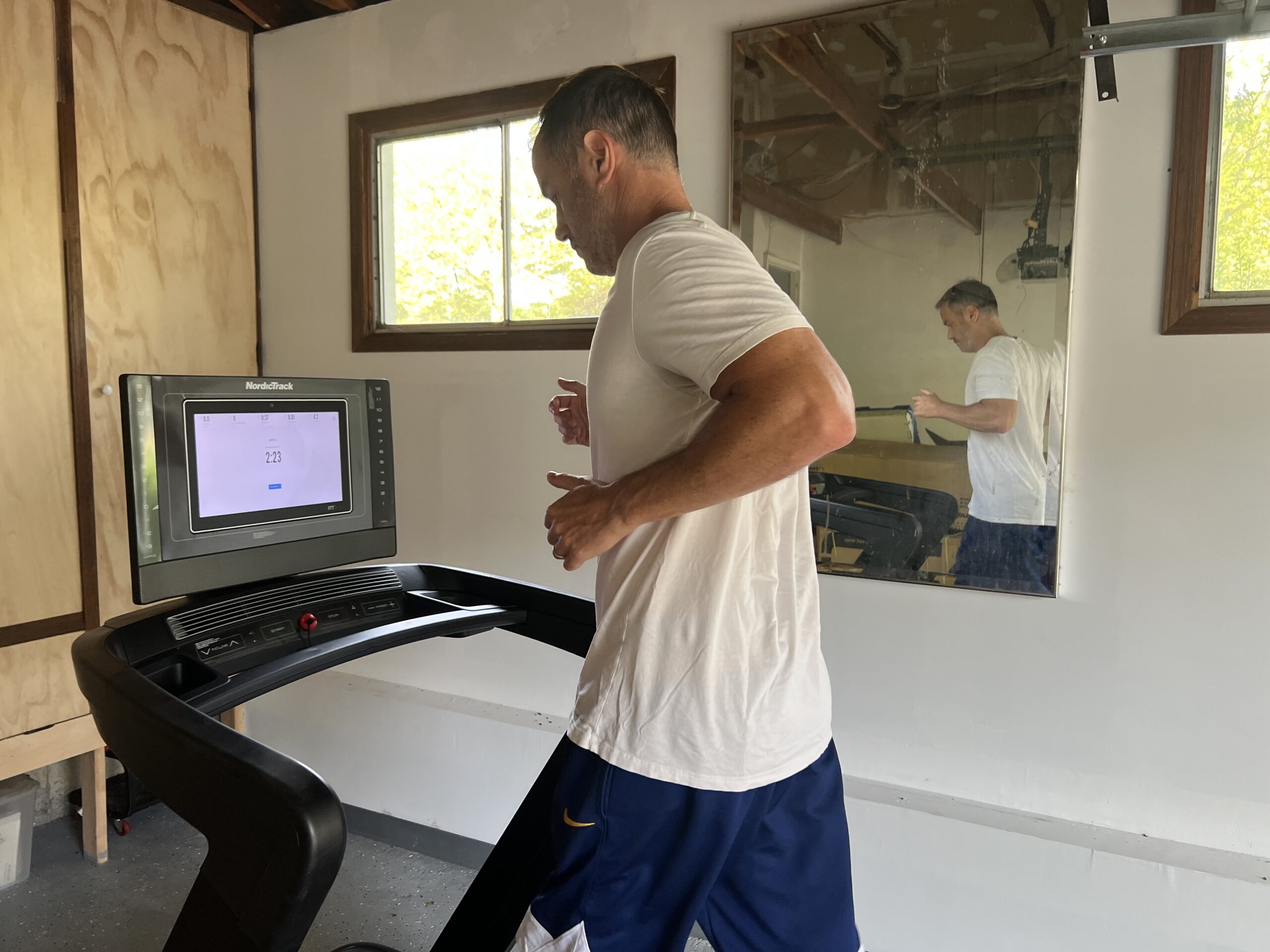David Bloom testing a treadmill at home